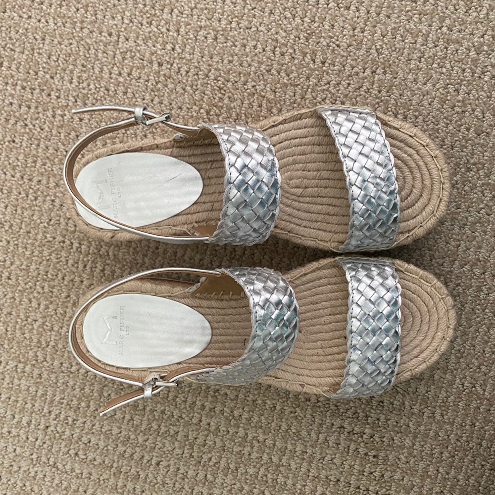 Marc Fisher Silver and Raffia wedges